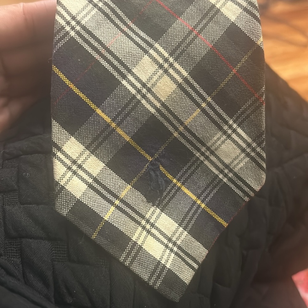 Polo Ralph Lauren Black, White, Blue Pony Logo Plaid Pattern 57/3.75 Cotton Tie